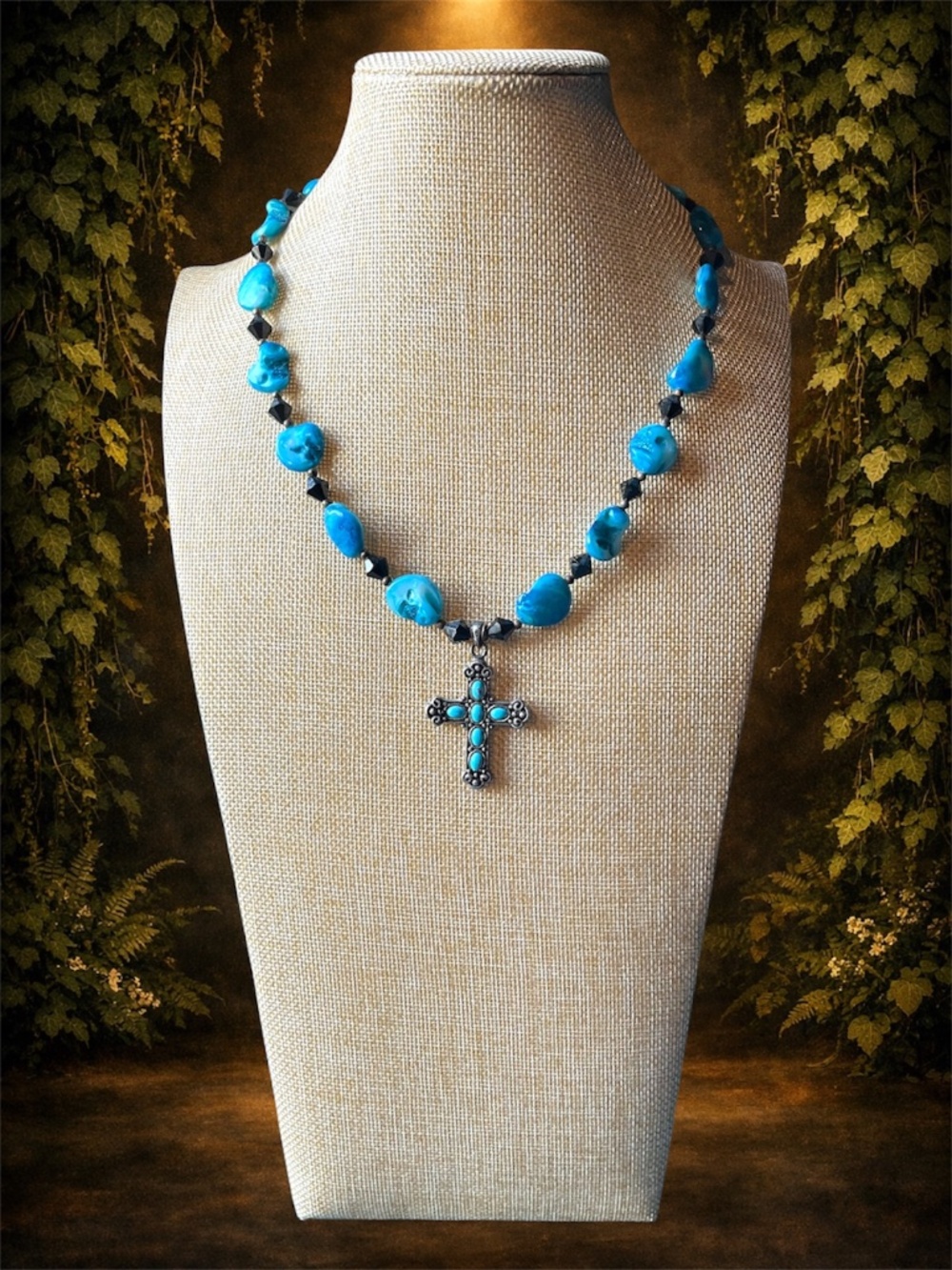 Handmade Boho Cross Necklace 22" Blue Beads